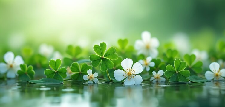Green shamrock, white flowers in water, symbolizing good luck, prosperity for St Patrick s Day. Bright nature background. Floral decoration with clover blooms, leaves. Spring season, celebration time.