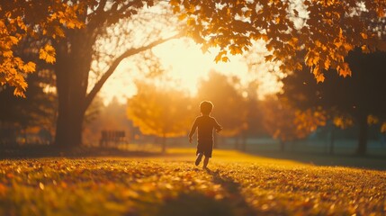 Fototapeta premium A child joyfully runs through a golden meadow, leaves overhead framing the warm glow of sunset, capturing the essence of freedom and wonder.
