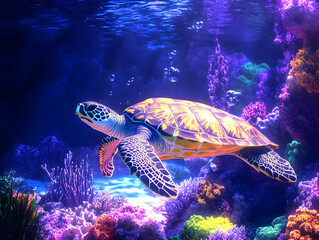 Obraz premium graceful sea turtle swims through vibrant coral reef, surrounded by colorful marine life