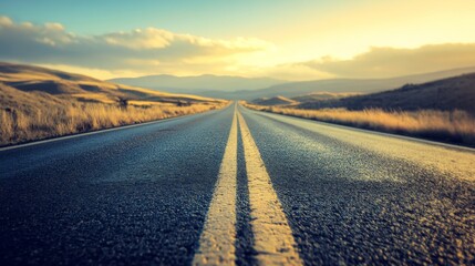 Fototapeta premium A straight road stretches into the horizon under golden sunlight, framed by grassy plains and distant mountains.