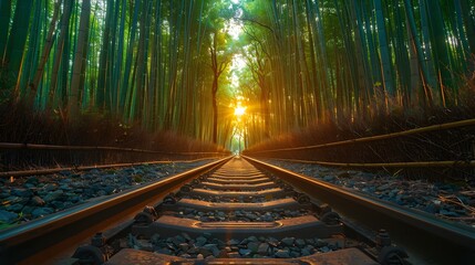 Obraz premium train traveling through a dense bamboo forest with ffbecaccbbba AI generated illustration