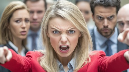 Obraz premium Workplace Bullying and Mobbing Stressed Businesswoman Targeted by Aggressive Colleagues