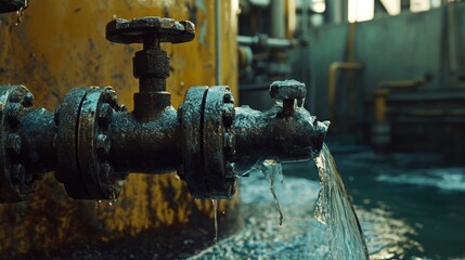 Industrial Water Leak at a Facility: A Close-up of Rusty Piping and Dripping Water