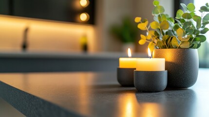 Lit candles, plant, modern kitchen counter