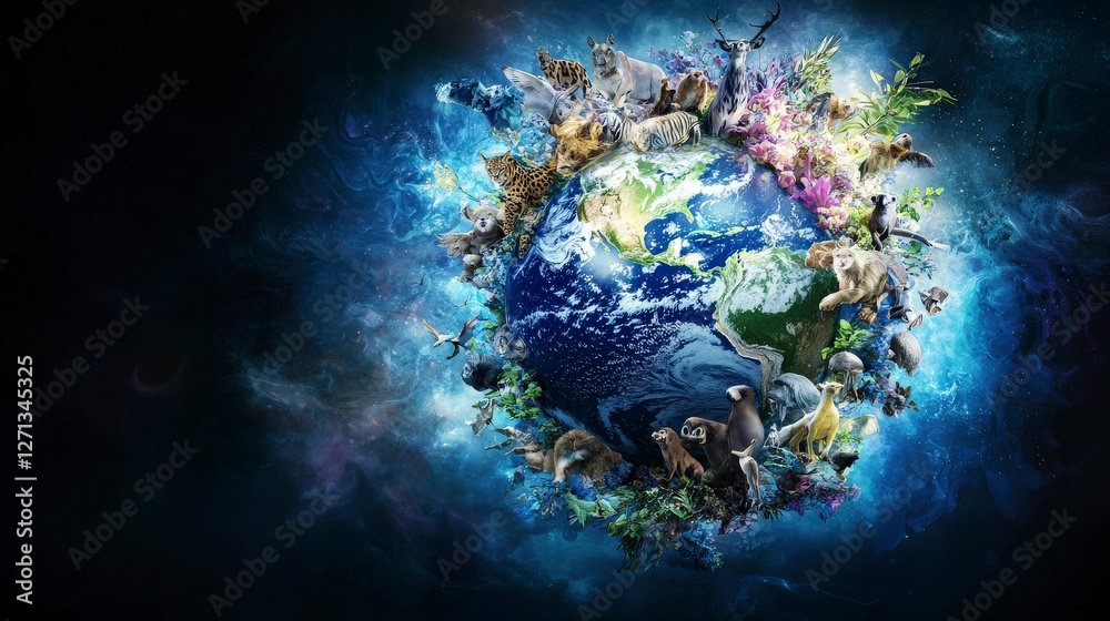Poster diverse animals surrounding a globe nature digital art underwater and terrestrial close-up unity in 
