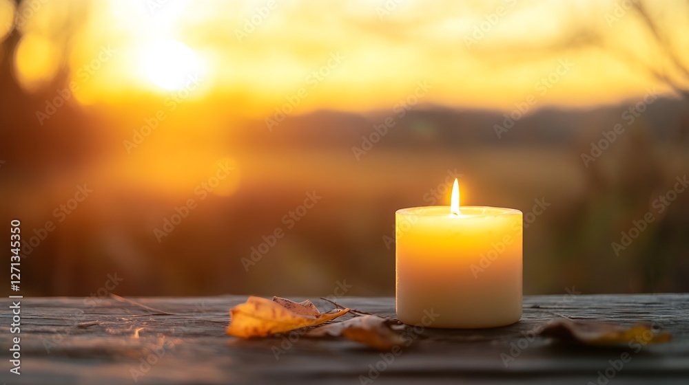 Poster A glowing candle beside fallen leaves during sunset creating a warm and inviting fall atmosphere : Generative AI