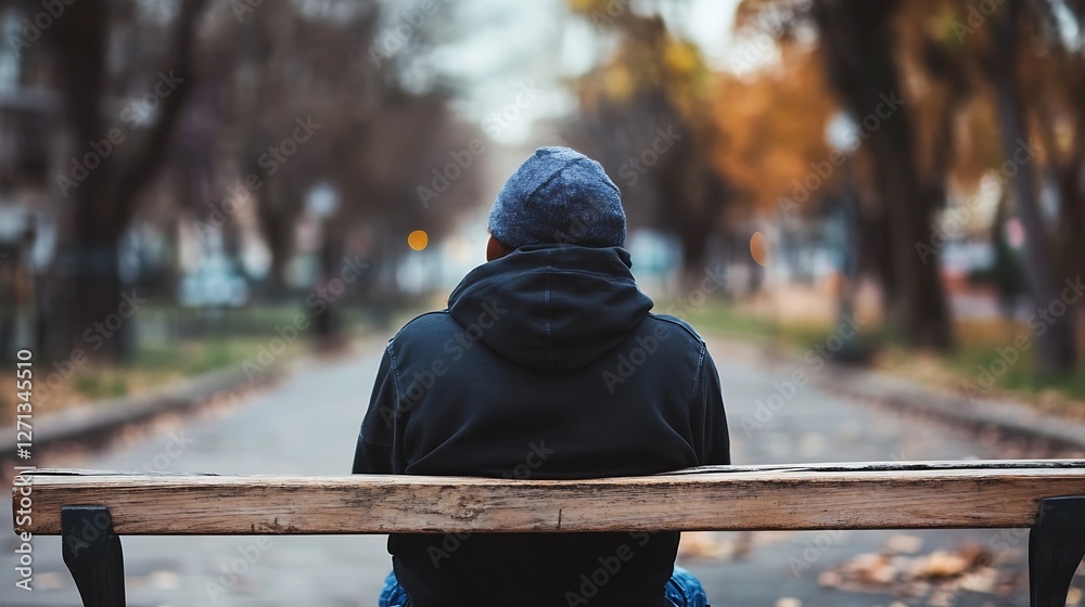 Poster a solitary figure enjoying the tranquility of a park bench in autumn surrounded by colorful foliage 