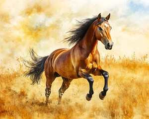 Obraz premium majestic horse gallops through golden field under vibrant sky
