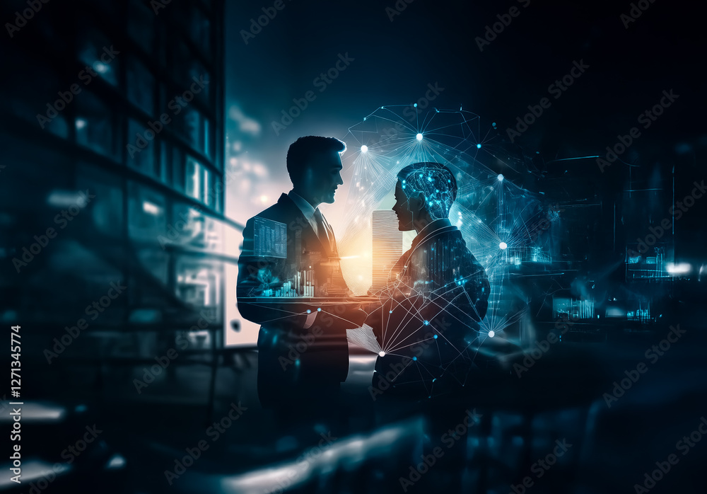 Poster two business figures in silhouette connect with a handshake in a modern nighttime cityscape, overlai