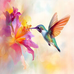 Obraz premium hummingbird hovers near vibrant flower, showcasing its delicate motion