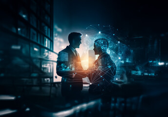 Obraz premium Two business figures in silhouette connect with a handshake in a modern nighttime cityscape, overlaid with a digital network.