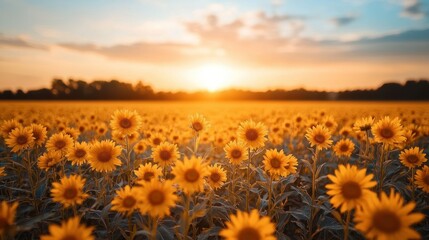 Obraz premium Sunflowers field at sunset, golden hour, rural landscape