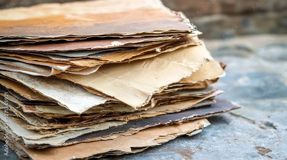 Poster a stack of vintage aged paper reflecting historical value and the art of traditional crafts in a rus