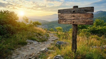 Naklejka premium a rustic wooden signpost in a natural landscape.