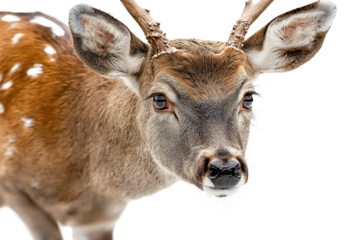 Two majestic deer with impressive antlers are showcased, one standing with a rugged coat and the other captured in a close-up portrait.