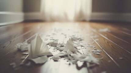 Naklejka premium Torn paper scattered on a wooden floor in soft light, conveying a sense of transience and fleeting moments in a serene and introspective space.