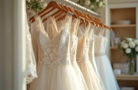 Several ivory wedding dresses hang on rack in bridal shop. Gowns display lace embroidery, v-neck and sleeveless design. Choice of luxury bridal outfit. Wedding fashion industry concept. - Powered by Adobe