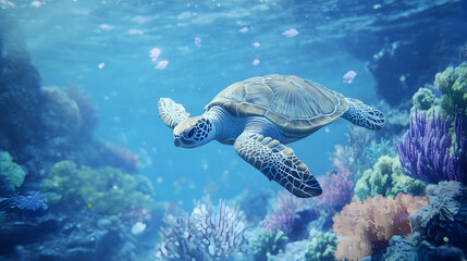 Fototapeta premium serene turtle glides gracefully underwater surrounded by vibrant coral reefs