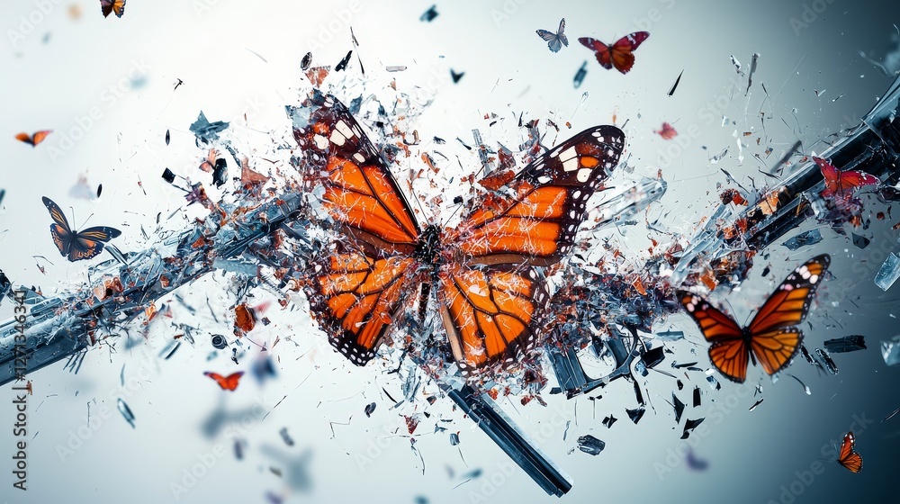 Poster shattered weapons transforming into butterflies digital art modern environment abstract viewpoint me