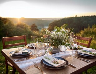 Fototapeta premium Rustic Outdoor Table Setting in a Scenic Mountain Landscape – Elegant Floral Arrangement with Vintage Decor and Sunset Glow
