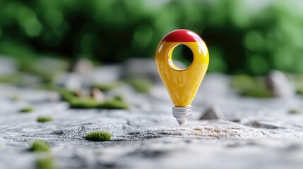 Yellow map pin on rocky terrain, green background.  Location finder for travel, navigation apps