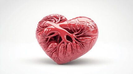 3D Render of Red Heart with Vascular System on White Background