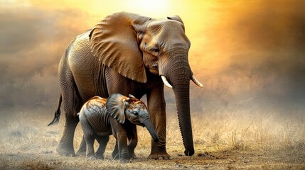Fototapeta premium Majestic elephant and calf walking through golden savanna at sunset nature scene serene environment side view