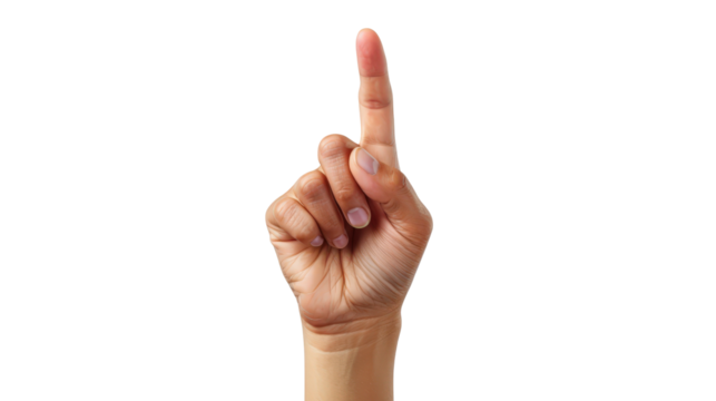Hand pointing upward in a focused gesture on a clean white background for various creative concepts and projects