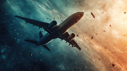 Naklejka premium Space debris descending near airplane, symbolizing growing aviation risks.