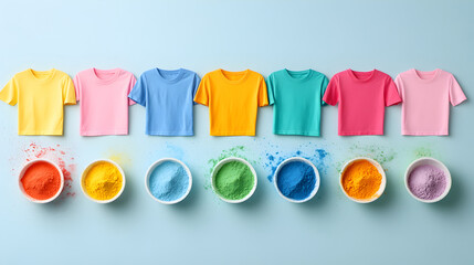 Brightly colored t-shirts arranged above bowls of matching pigment powders. Ideal for clothing design, dyeing techniques, and fashion industry promotions. Selective focus