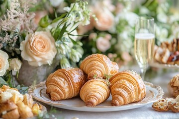 Golden Croissants and Sparkling Wine: A Delightful Brunch Display with Elegant Floral Arrangements