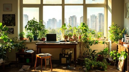 Fototapeta premium Sunlit Urban Apartment Workspace with Abundant Greenery