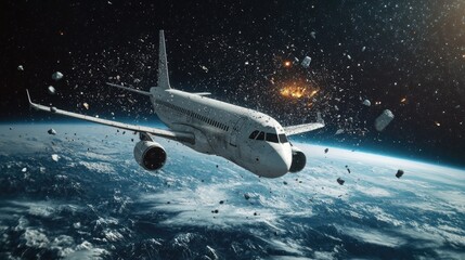 Fototapeta premium Space debris descending near airplane, symbolizing growing aviation risks.