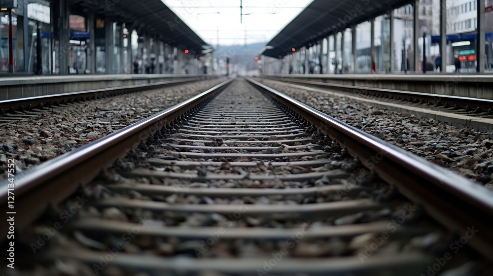 Aufkleber A close up view of railway tracks leading into a distant train station under soft gray skies : Generative AI