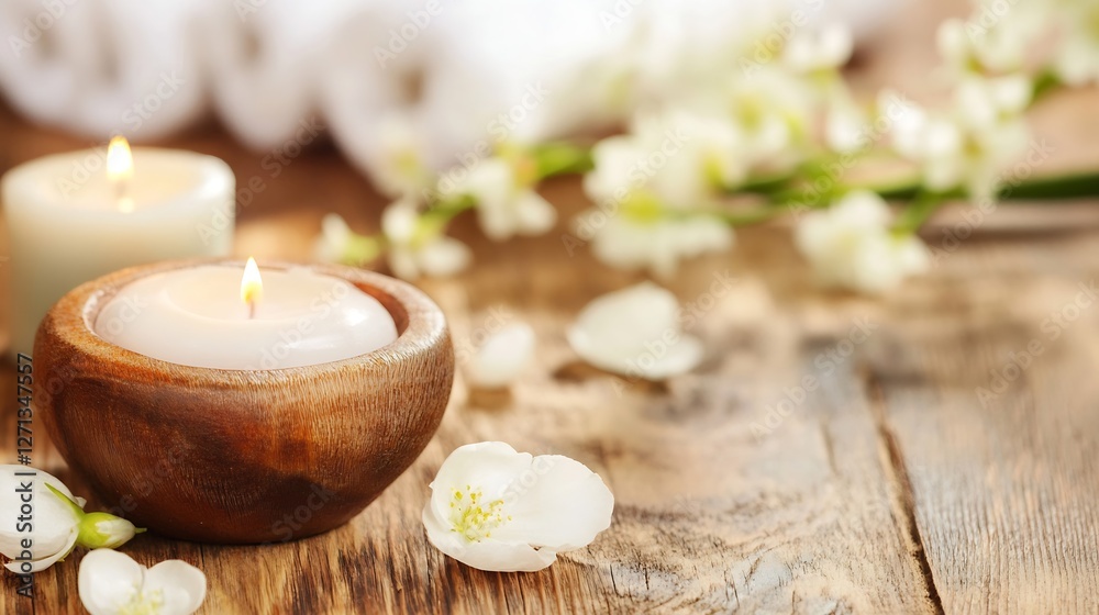 Aufkleber warm and calming home spa setup with lit candles delicate flowers and natural wooden bowl on rustic 