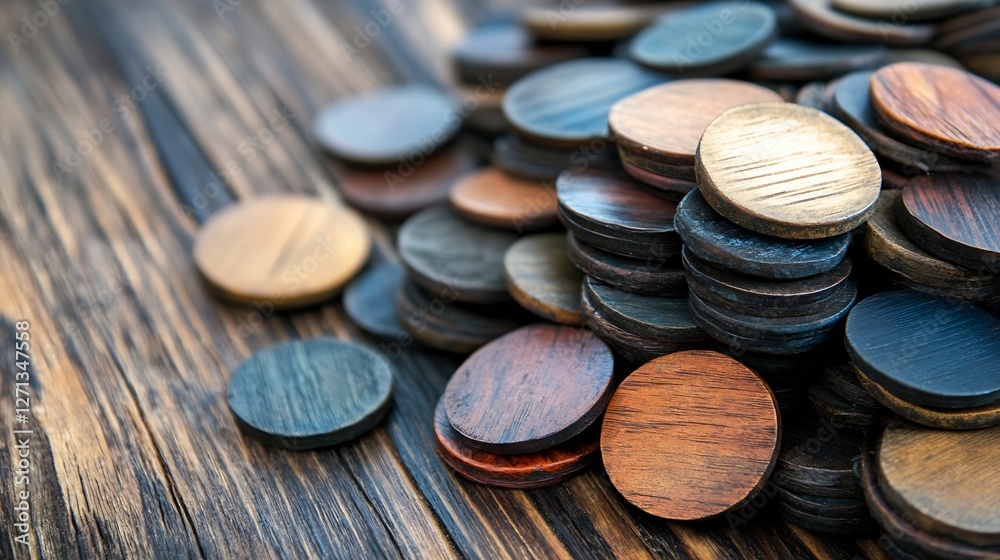 Aufkleber a collection of wooden game tokens stacked together on a rustic wooden surface in natural light : ge