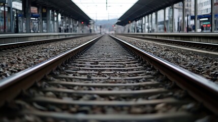 A close up view of railway tracks leading into a distant train station under soft gray skies : Generative AI