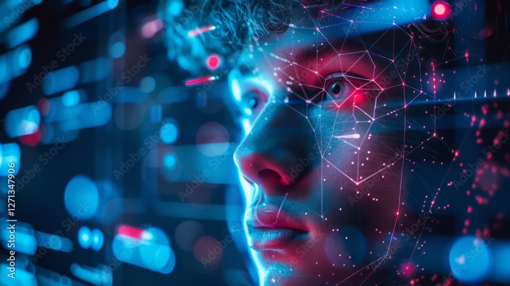 Poster A young individual interacts with glowing digital data in a futuristic environment, surrounded by vibrant colors and intricate patterns, suggesting deep concentration on technology and innovation.