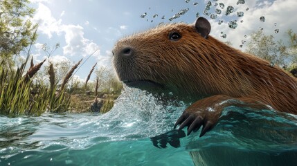 Fototapeta premium Capybara swimming underwater nature scene sea life