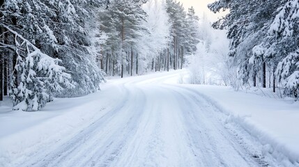Fototapeta premium Winter scenery featuring a snowcovered road winding through a quiet forest landscape : Generative AI