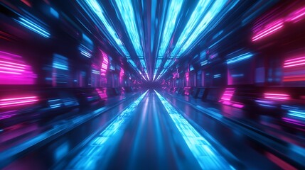 Futuristic neon tunnel with vibrant pink and blue lights, creating a dynamic and energetic atmosphere.