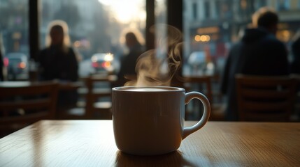 Fototapeta premium A steaming coffee mug sits on a café table, while blurred silhouettes and evening lights create a cozy, ambient backdrop.