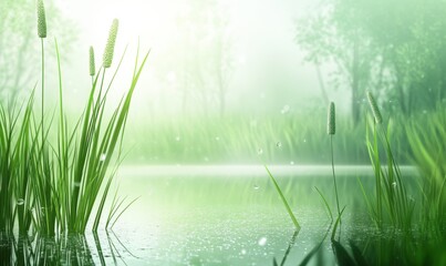 Obraz premium Serene misty landscape with tall grasses and tranquil water reflecting nature's calmness