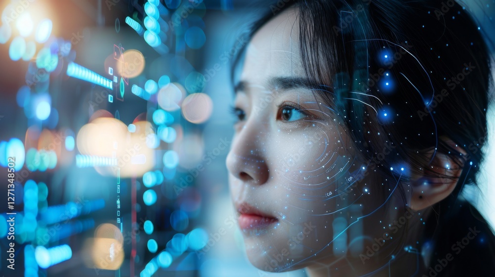 Poster a woman focuses intently as she examines intricate digital data and holographic visuals in a high te