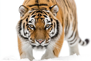 Obraz premium A pair of majestic tigers with bold black stripes and golden-orange fur move gracefully, showcasing their power and intensity.