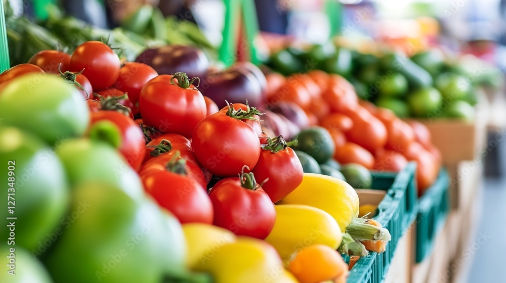 Poster a vibrant display of fresh vegetables on a market stall with colorful produce : generative ai