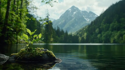 Small Plant Growing on Rock in Calm Mountain Lake