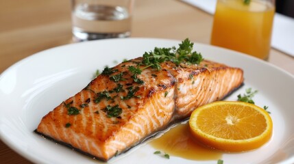 Grilled salmon fillet garnished with parsley and an orange slice