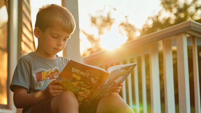 A young boy sits on a porch, engrossed in reading a comic book during the golden hour. The warm sunlight and peaceful outdoor setting create a nostalgic and serene atmosphere, capturing the joy