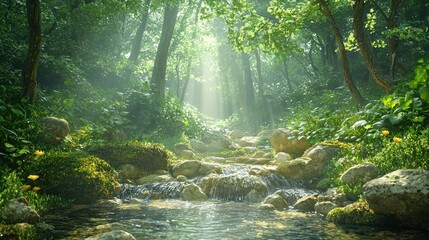 Obraz premium Sunlight streams through lush forest creek path